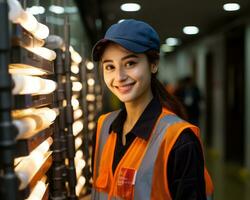 a woman in an orange vest and blue hat standing in front of a row of light bulbs generative ai photo