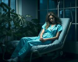 a woman in blue scrubs sitting in a chair generative ai photo