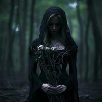 a woman in black holding flowers in the woods generative ai photo