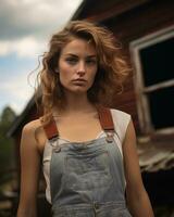 a woman in overalls standing in front of an old barn generative ai photo