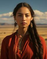 a woman in native american clothing stands in the desert generative ai photo