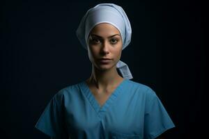 a woman in scrubs and a scrub cap on a dark background generative ai photo