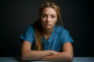 a woman in scrubs sitting at a table with her arms crossed generative ai photo
