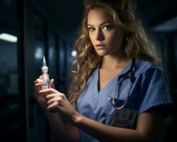 a woman in scrubs holding a syringe in her hand generative ai photo