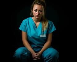 a woman in scrubs sitting on a black background generative ai photo