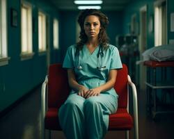 a woman in scrubs sitting on a chair in an empty hallway generative ai photo