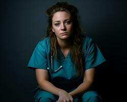 a woman in scrubs sitting on the floor generative ai photo