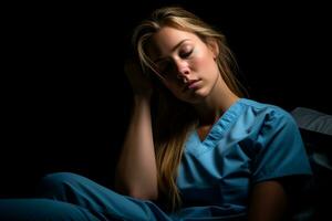a woman in scrubs sleeping on a black background generative ai photo