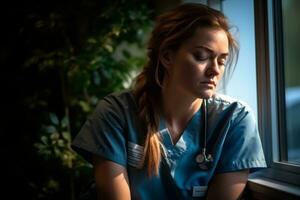 a woman in scrubs sitting in front of a window generative ai photo