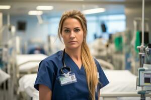 a woman in scrubs standing in a hospital room generative ai photo