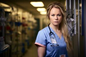 a woman in scrubs standing in a hospital hallway generative ai photo