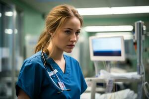 a woman in scrubs standing in a hospital room generative ai photo