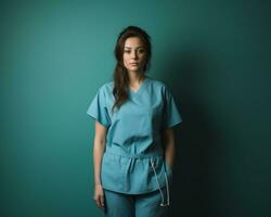 a woman in scrubs standing in front of a green wall generative ai photo