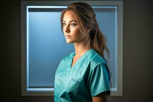 a woman in scrubs standing in front of a window generative ai photo