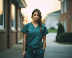 a woman in scrubs standing outside on a sidewalk generative ai photo