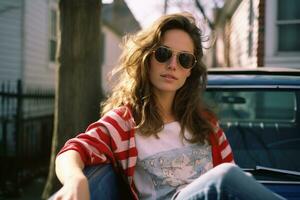 a woman in sunglasses sitting on the hood of a car generative ai photo