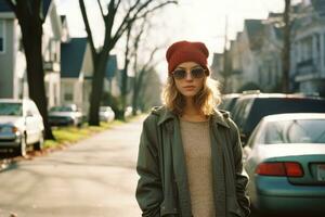 a woman in sunglasses and a red hat standing on a street generative ai photo
