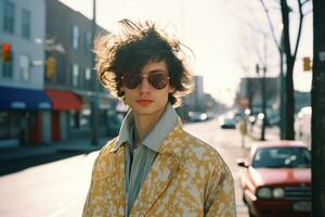 a woman in sunglasses and a yellow jacket standing on a city street generative ai photo