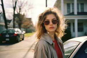 a woman in sunglasses standing near a car generative ai photo