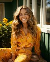 a woman in yellow floral print pajamas sitting on a bench generative ai photo