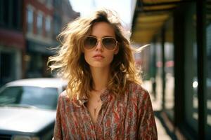 a woman in sunglasses standing on a city street generative ai photo
