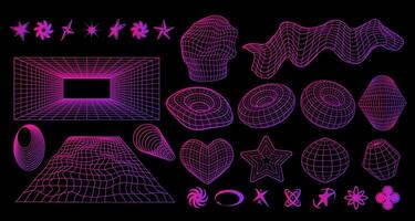 Geometry wireframe 3d shapes and grids.  Cyberpunk y2k set in neon pink color. Vector illustration