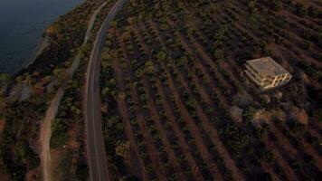 trikorfo spiaggia costa, Grecia verde altopiano e cottage su lungomare, aereo video