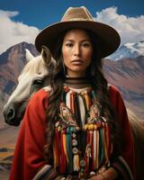 a woman in traditional clothing and a horse in the mountains generative ai photo