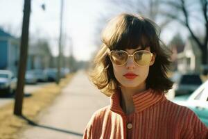 a woman in sunglasses standing on the side of the road generative ai photo