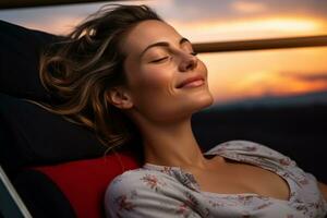un mujer es relajante en un avión con su ojos cerrado generativo ai foto