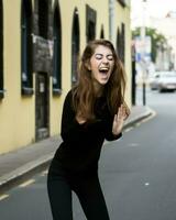 a woman is laughing while standing on the street generative ai photo