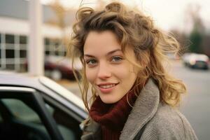 a woman is smiling while sitting in a car generative ai photo