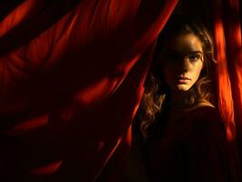 a woman is standing in front of a red curtain generative ai photo