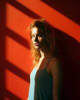 a woman is standing in front of a red wall generative ai photo