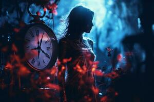 a woman is standing in front of a clock in the dark generative ai photo