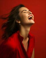 a woman laughing in a red dress against a red background generative ai photo