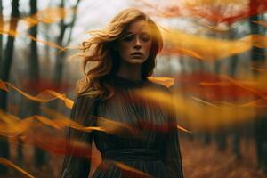 a woman is standing in the middle of a forest with leaves blowing in the wind generative ai photo