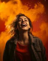 a woman laughing in front of an orange cloud generative ai photo