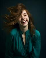 a woman laughing with her hair blowing in the wind generative ai photo