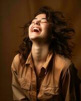 a woman laughing while wearing a brown shirt generative ai photo