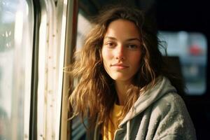 a woman looking out the window of a train generative ai photo