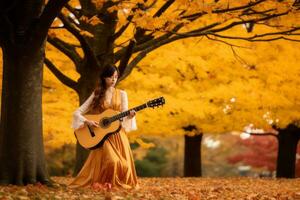 un mujer jugando un acústico guitarra en el otoño generativo ai foto