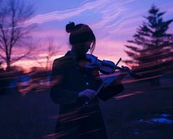 un mujer jugando el violín en un campo a puesta de sol generativo ai foto