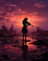un mujer jugando el violín en frente de un puesta de sol generativo ai foto