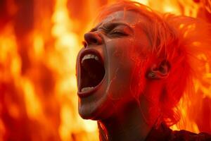 un mujer gritando en frente de un fuego generativo ai foto