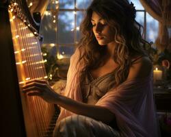 a woman playing a harp in front of a window generative ai photo