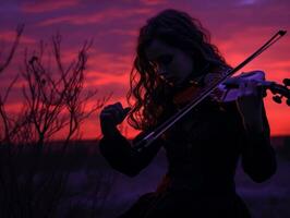 un mujer jugando el violín en frente de un puesta de sol generativo ai foto