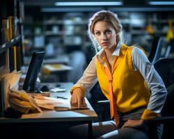 a woman sitting at a desk in an office generative ai photo