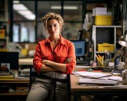 a woman sitting at a desk in an office generative ai photo
