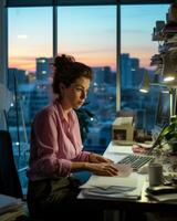 a woman sitting at a desk generative ai photo